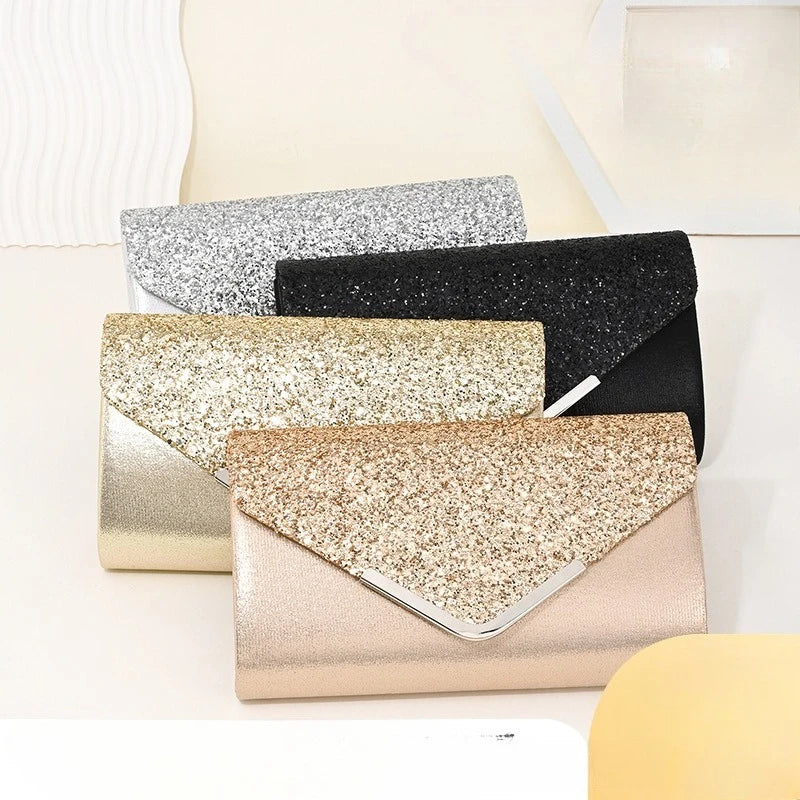 Clutch Bags V Design Metal Chain Glitter Sequined Evening Bags with Envelope Party Wedding  Lady Handbags Banquet Messenger Bag