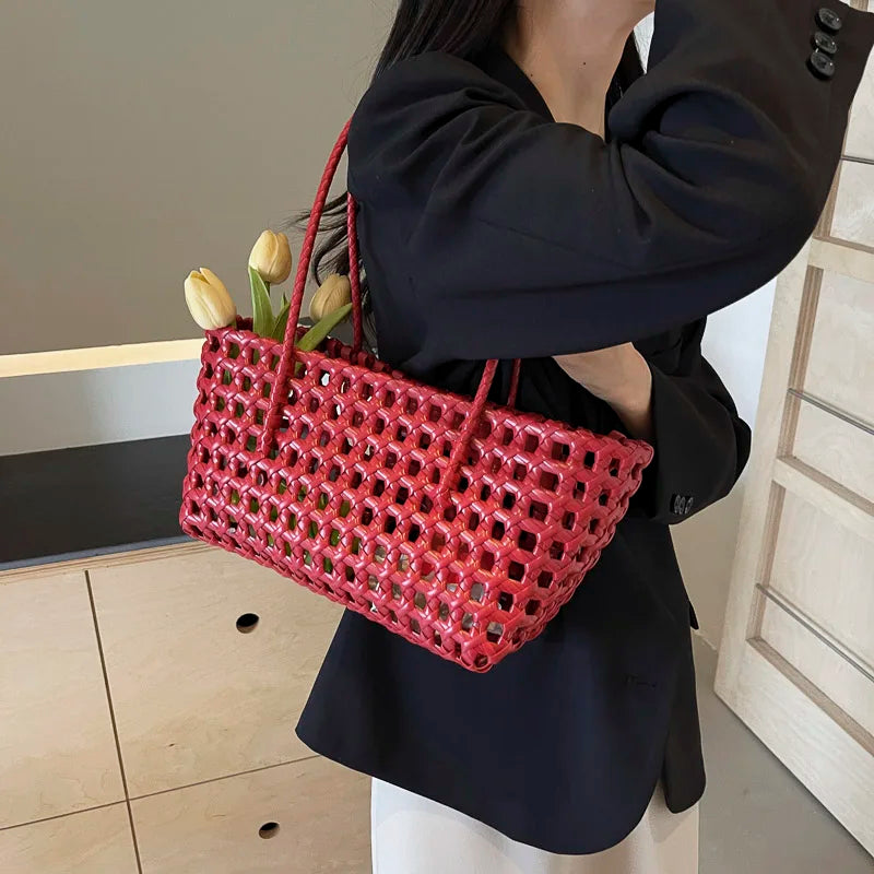 LEFTSIDE Small Solid Color Weave Tote Bags for Women 2025 Fashion Summer Shoulder Bags Simple Handbags Hollow Out Beach Bag