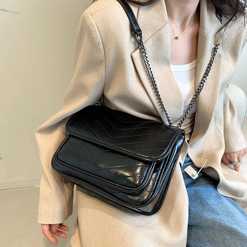 Luxury Chain Shoulder Bags For Women V-line Embroidery Dual Straps Designer Crossbody Messenger Bag Multi Pockets Female Handbag