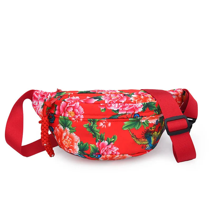 Women Fanny Bag Pack Large Flower Nylon Belt Bags Fashion Waist Pack Zipper Bag Adjustable Lightweight Multifunction Waterproof