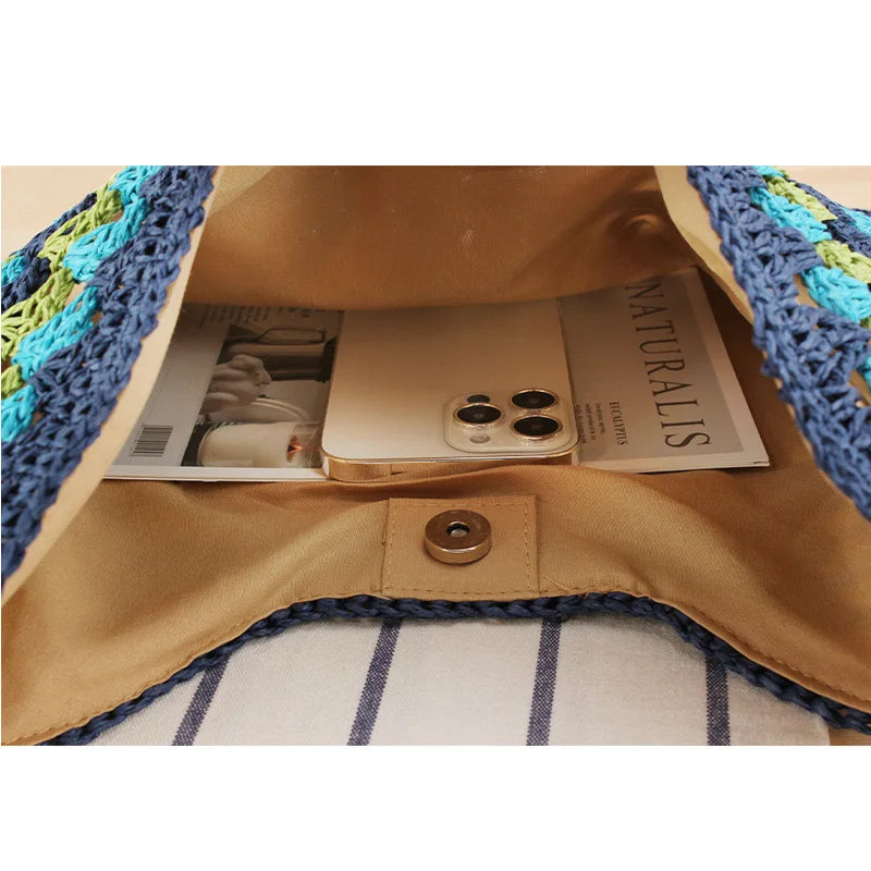 Summer Bohemian Braided Handbag Casual Tote Hollow Straw Beach Bag Woven Shoulder Bag Raffia Rattan Shopping Travel Bag