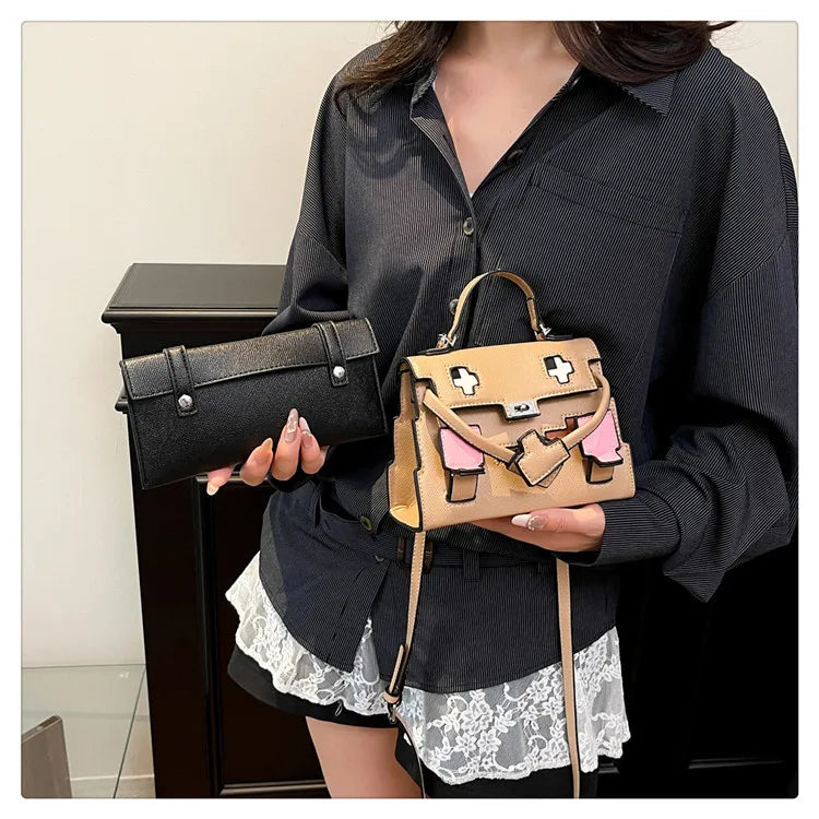 2025 Niche Kelly Bag Womens Mosaic Doll Robot Print Shoulder Crossbody Purse Unique Designer Handheld Tote Fashion Statement