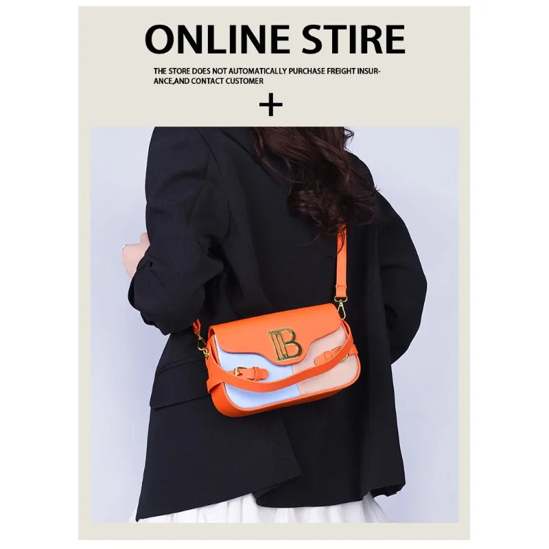 Luxury women's crossbody bag with color-blocking and stitching, box-style multi-color textured light luxury commuter bag.
