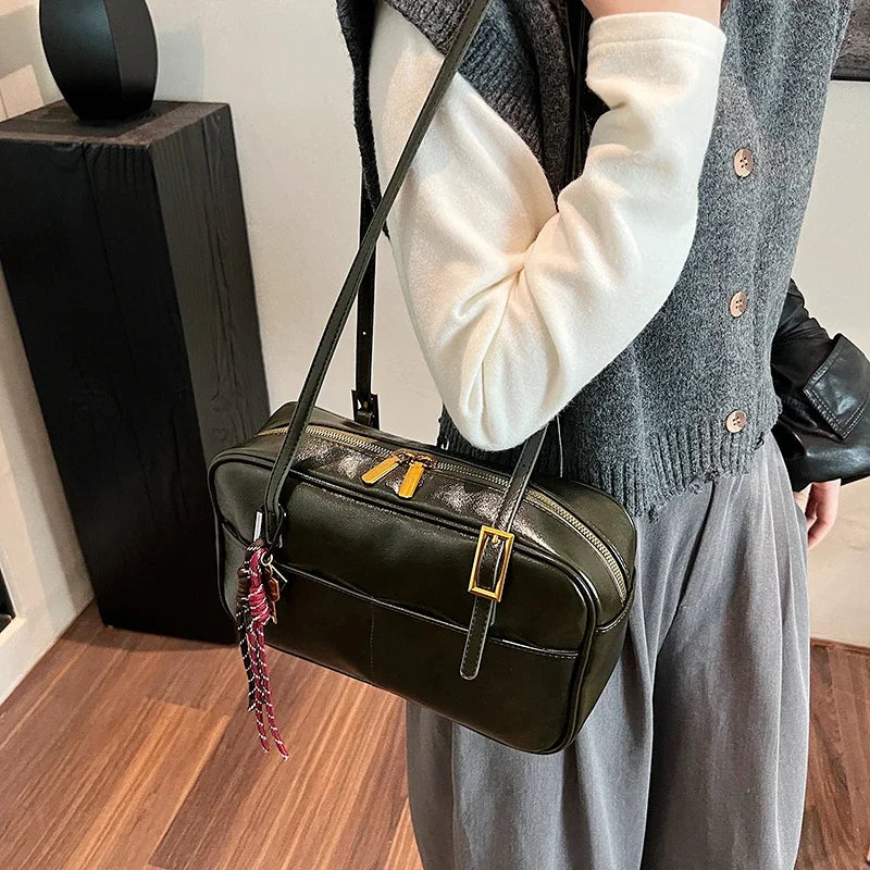Luxury Black PU Leather Crossbody Bag for Women - Golden Buckle Strap & Red/Black Plaid Tassel, Y2K Underarm Bags Work Bag