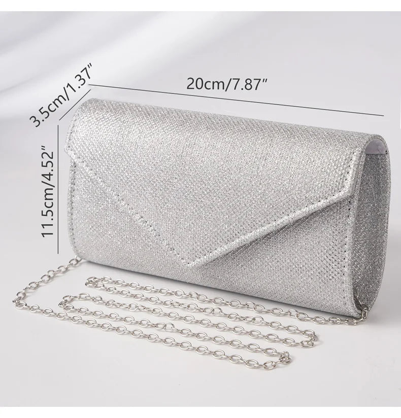 Women Envelope Evening Bag Glitter Ladies Chain Shoulder Bags Shiny Silver Long Purse Female Wedding Party Clutches Mini Handbag