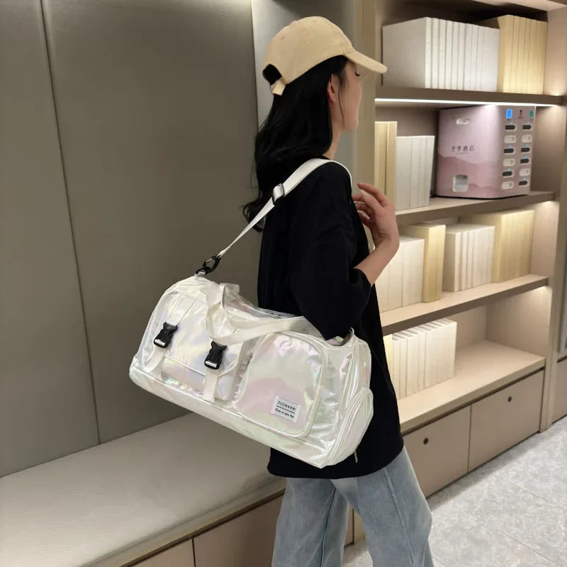 Holographic Glamour Duffel Bag - Spacious,Stylish Shoulder Tote with Shoe Compartment for Effortless Weekend Escapes -