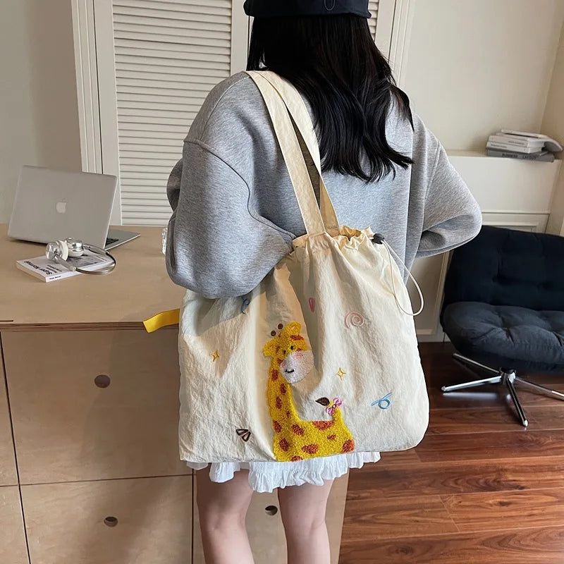 Leisure Large Capacity Single Shoulder Bag Trendy Embroidered Nylon Tote Bag School Style Sweet Handle Bag