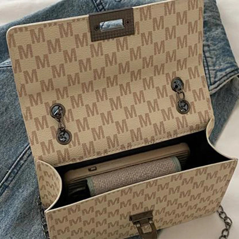 Luxury Letter Print Crossbody Shoulder Bag,Chain Buckle Compact Chic Women Sling Bag,Lady Vintage Casual Personalized Square Bag