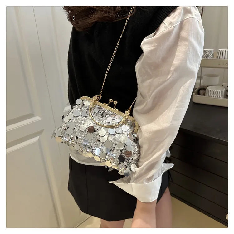 Elegant Sequined Evening Shoulder Bags for Women Solid Color Ladies Clip Chain Crossbody Bag Casual Female Shell Handbags Purse
