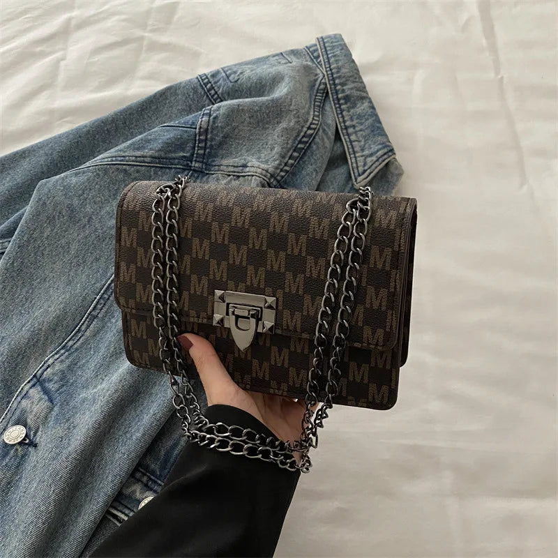 Luxury Letter Print Crossbody Shoulder Bag,Chain Buckle Compact Chic Women Sling Bag,Lady Vintage Casual Personalized Square Bag