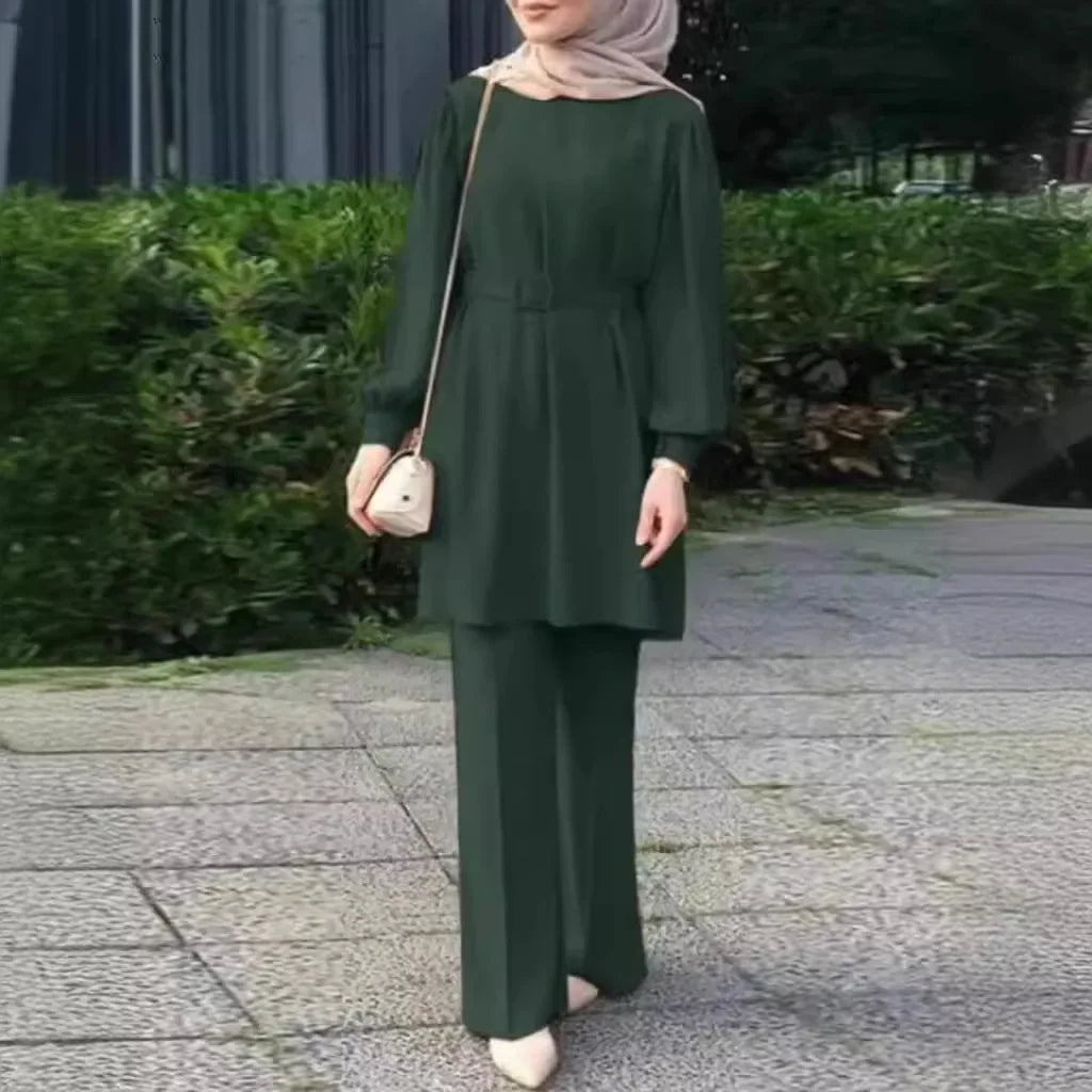 Muslim Women Matching Sets Long Sleeve Solid Color Tops with Belt And Loose Pant Suits Elegant Fashion Casual Tracksuit Kaftan