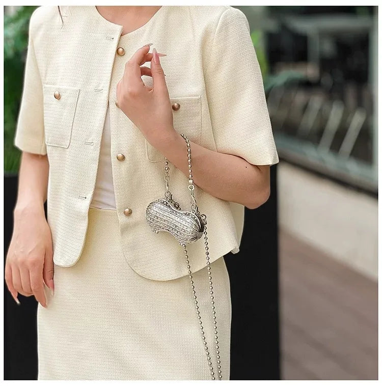 Luxury Diamond Inlay Peanut Shape Crystal Clutch Purse Stones Evening Wedding Party Shoulder Bag Handle Rhinestone Mini Handbags