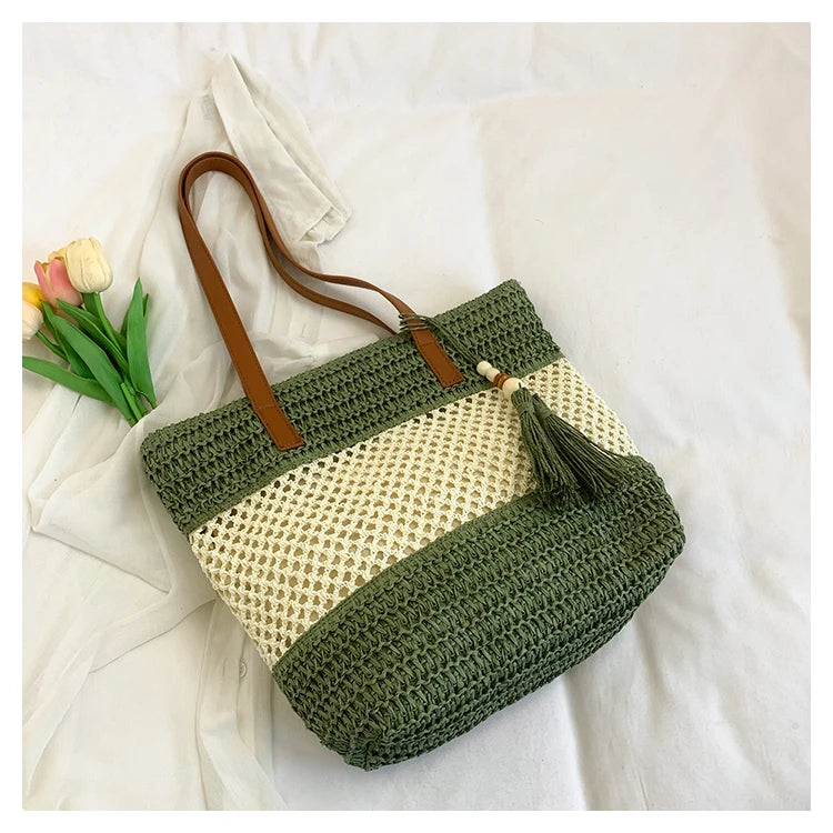 Color-blocked Linen Knitting Fashion Shoulder Bag Hollow Large Capacity Zipper Casual Tote Hot Sale Bags for Women Bolsa Mujer