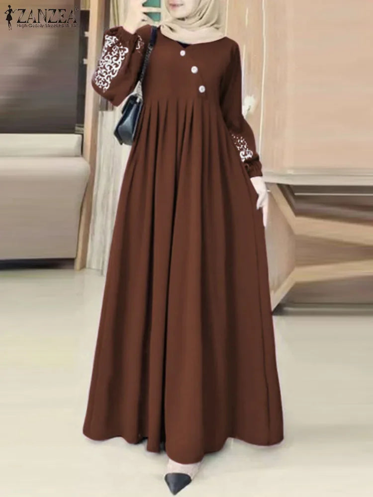 Muslim Hijab Dresses Abaya Eid Mubarek Robe Long Dress 2025 ZANZEA Women Elegant Long Sleeve Maxi Sundress Loose Vestidos Kaftan