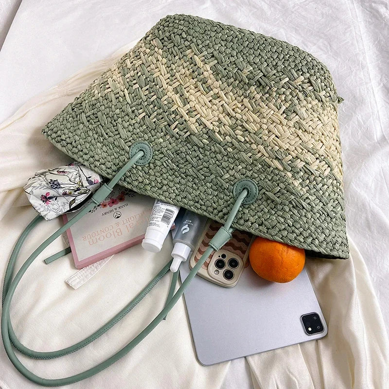 Summer Seaside Beach Bag Hand-woven Large Capacity Straw Tote Bag Gradient Color Design Women 's Travel  Vacation Shoulder Bag