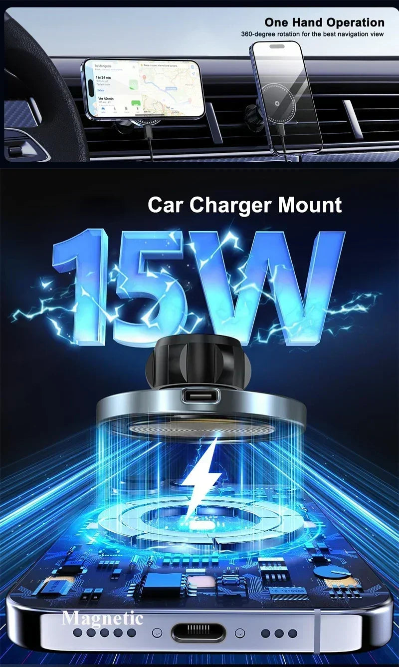 Magnetic Wireless Car Charger 15W Fast Charge Air Vent Magnet Car Mount Phone Holder for iPhone 16 15 14 13 12 Pro Max Plus