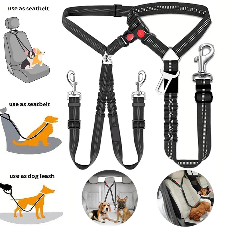 Multi-functional Dog Seat Belt for Car Pet Car Headrest Restraint Safety Seatbelt Reflective Adjust Elastic Bungee Dog Leash