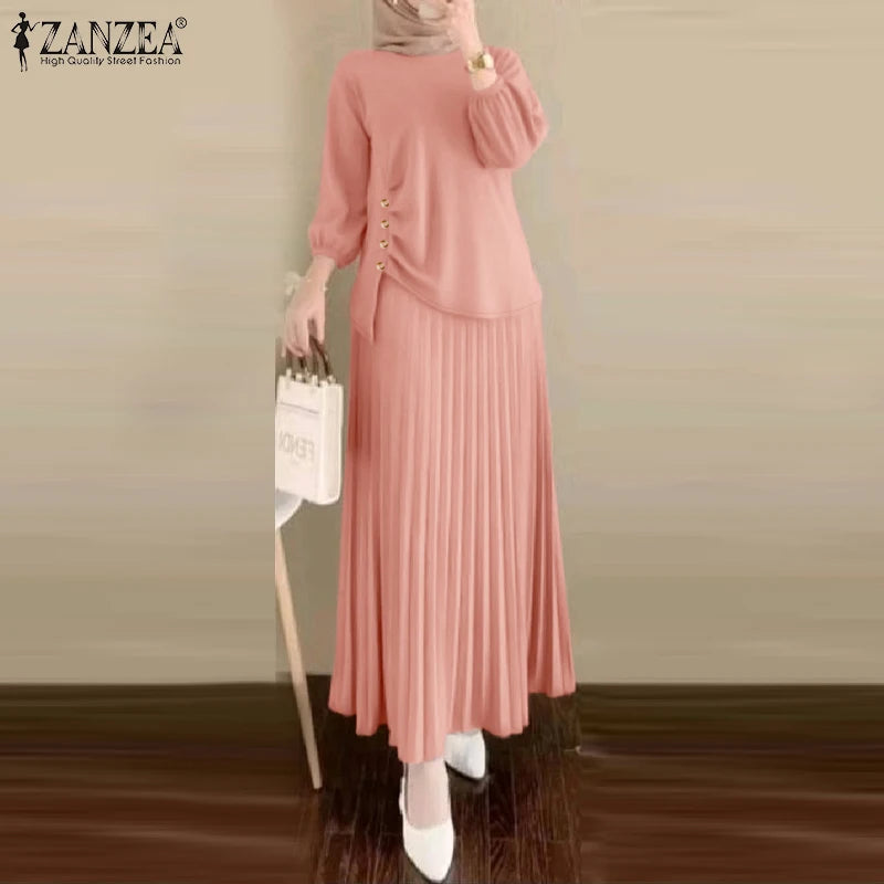 Fashion Muslim Sets Women 2PCS Outfits ZANZEA Elegant Long Sleeve Blouse Dress Suits Casual Solid Tracksuits Loose Matching Sets