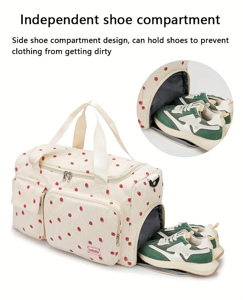 Large Capacity Strawberry Print Duffel Bag with Multiple Compartments - Ideal for Travel, Gym, and Everyday Use, Casual Style