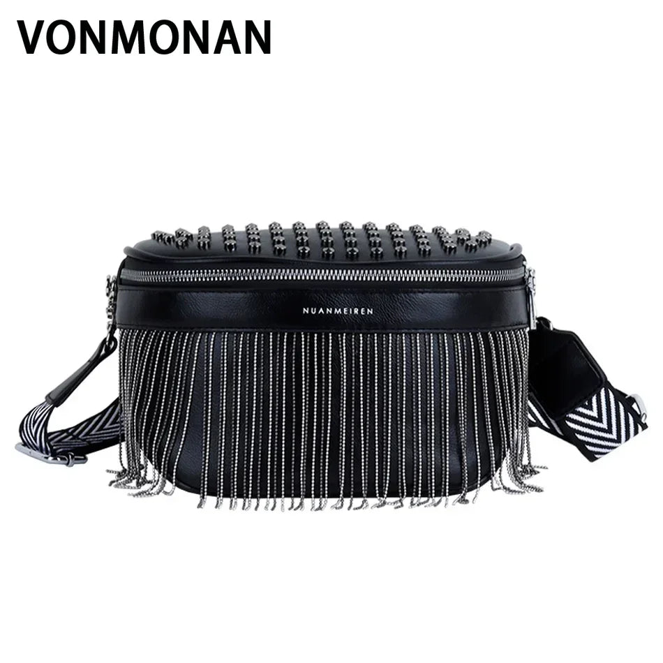 Luxury Woman Chest Bag Fashion Tassel Leather Large Capacity Crossbody Sling Bag Women Waist Bag Casual Rivet Design Travel Sac