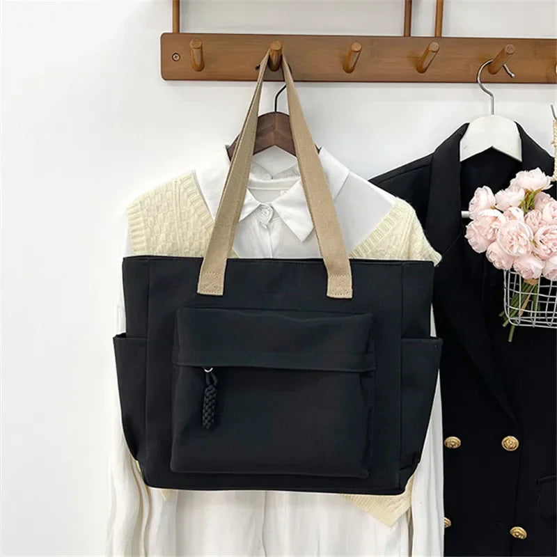 Nylon Tote Bag with Multiple Pocket Lightweight Foldable Design for Office Commute Shopping Fitness Storage Handbag Shoulder Bag