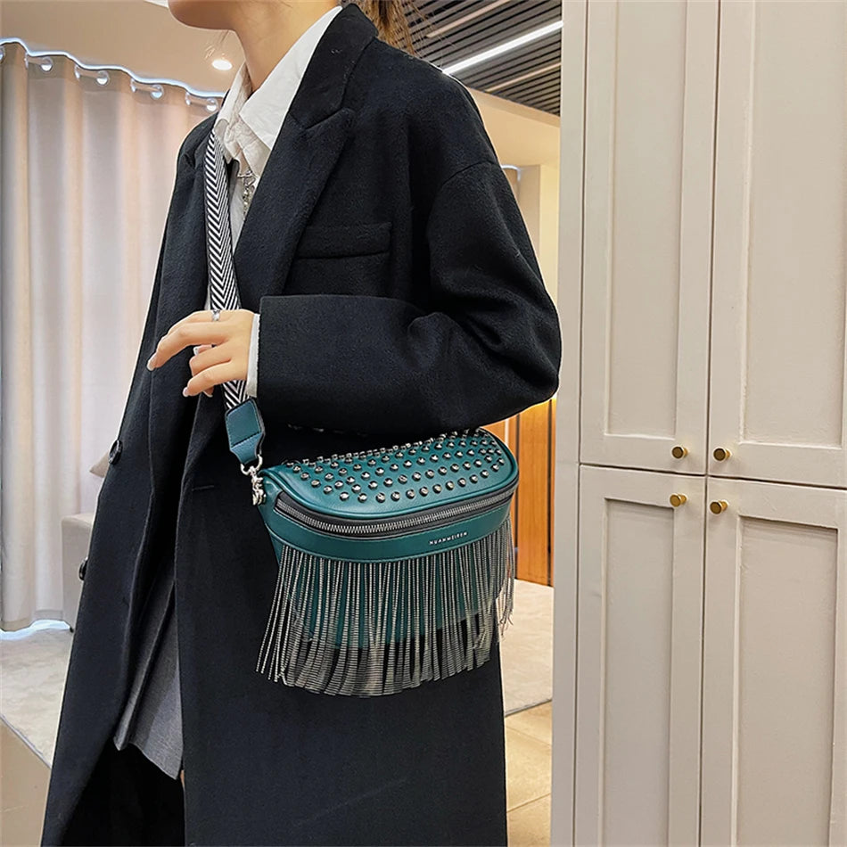 Luxury Woman Chest Bag Fashion Tassel Leather Large Capacity Crossbody Sling Bag Women Waist Bag Casual Rivet Design Travel Sac