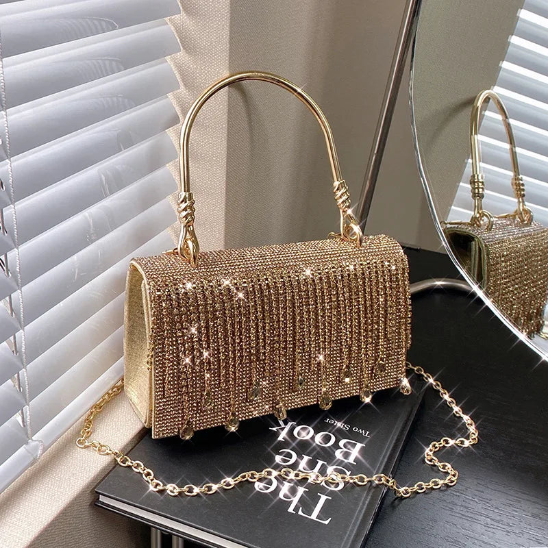 Luxury Golden Shoulder Bag 2025 New for Women, Elegant Rhinestone Clutch Purse, Versatile Crossbody Bag with Adjustable Chain