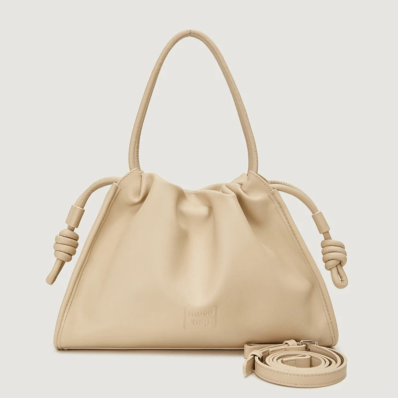 Women Fashion PU Handbags Drawstring Design Stylish Tote Bags Versatile Shoulder Bags Beige PU Leather Bags for Daily Use