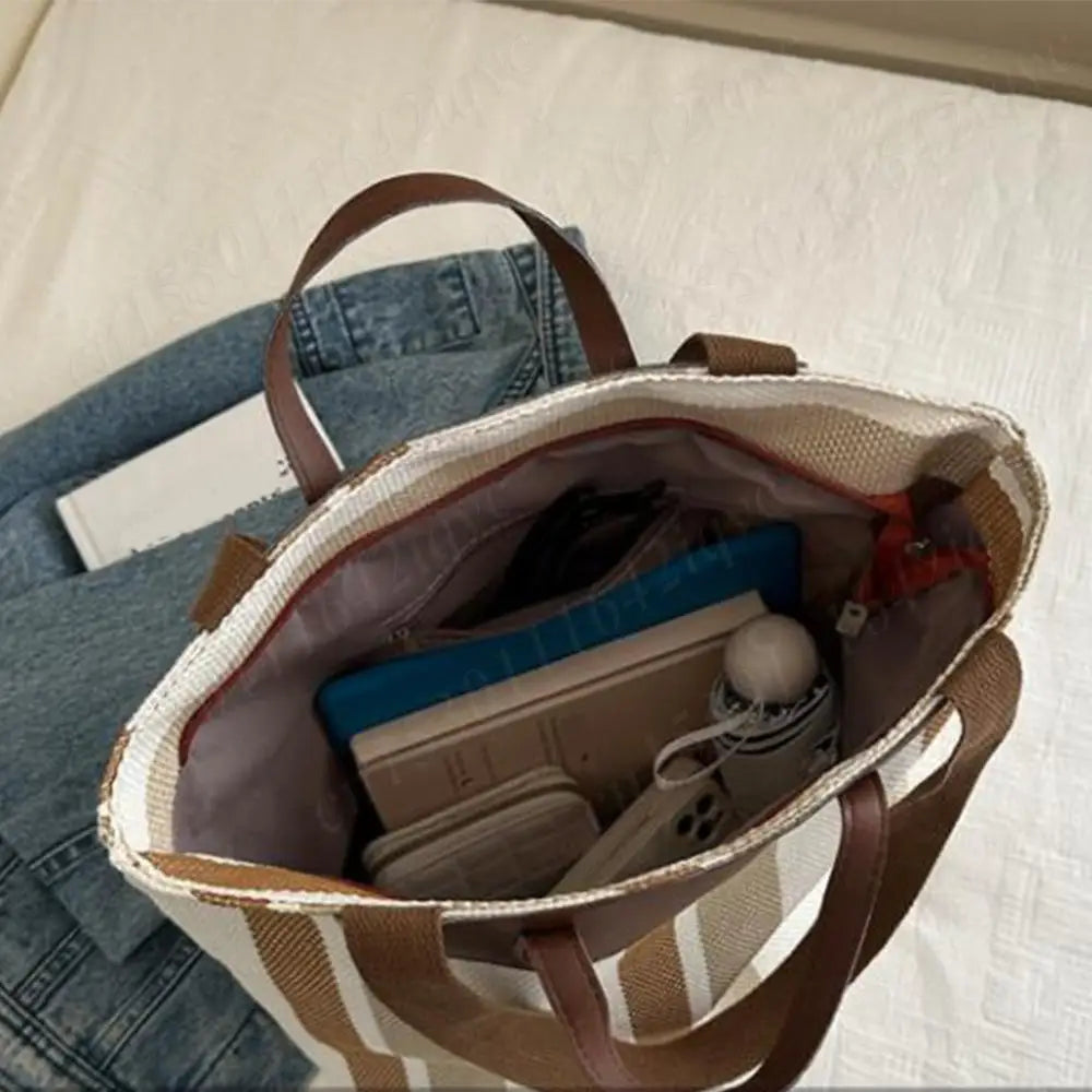 Striped Hobo Shoulder Bags Women Zipper Bucket Bags Canvas Tote Bag Simple Handbag Daily Commuting Bag Travel Top-Handle Bags