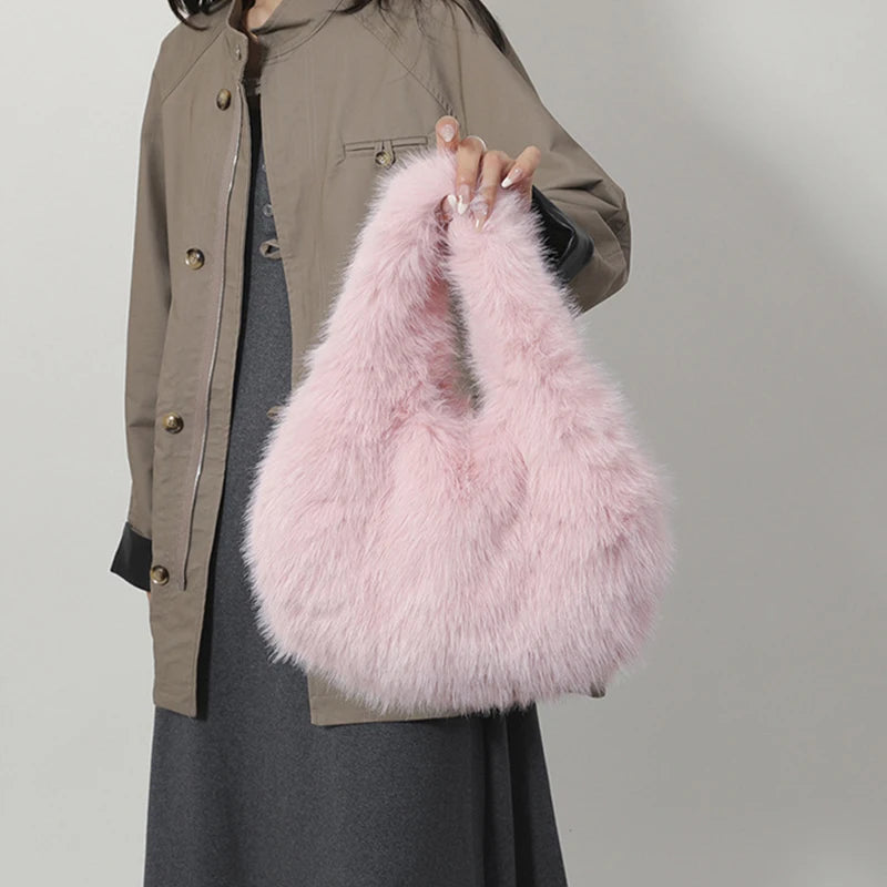 Small Hobo Handle Bags for Women Shoulder Bags Designer Furry Purse and Handbags Fashionable Cute Female Plush Bag