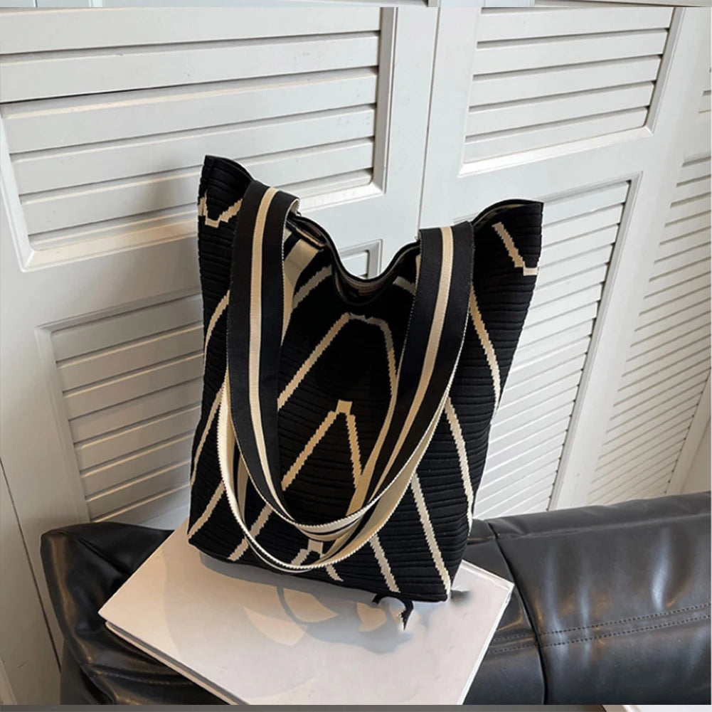 Striped Hobo Shoulder Bags Women Zipper Bucket Bags Canvas Tote Bag Simple Handbag Daily Commuting Bag Travel Top-Handle Bags