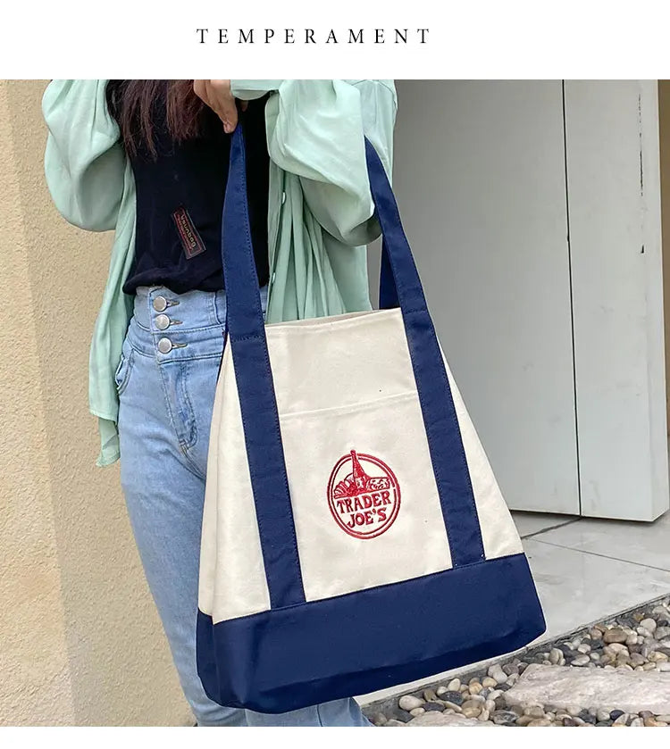 Tr Joe's Large Capaci op Bag Canvas Bag Embroidered Casual Handheld Single oulder Bag Contrast Color Trend Summer