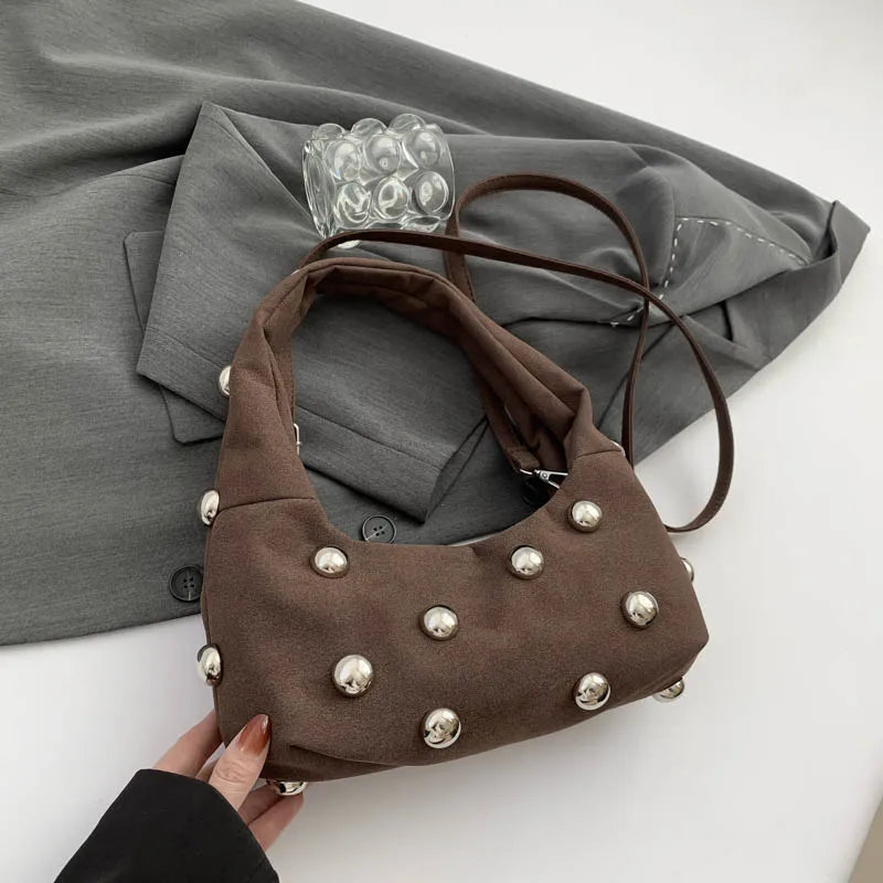 Luxury Purple Handbag For Women Luxury Studded Beading Handbags Wine Red Purse Solid Color Suede Leather Shoulder Crossbody Bags