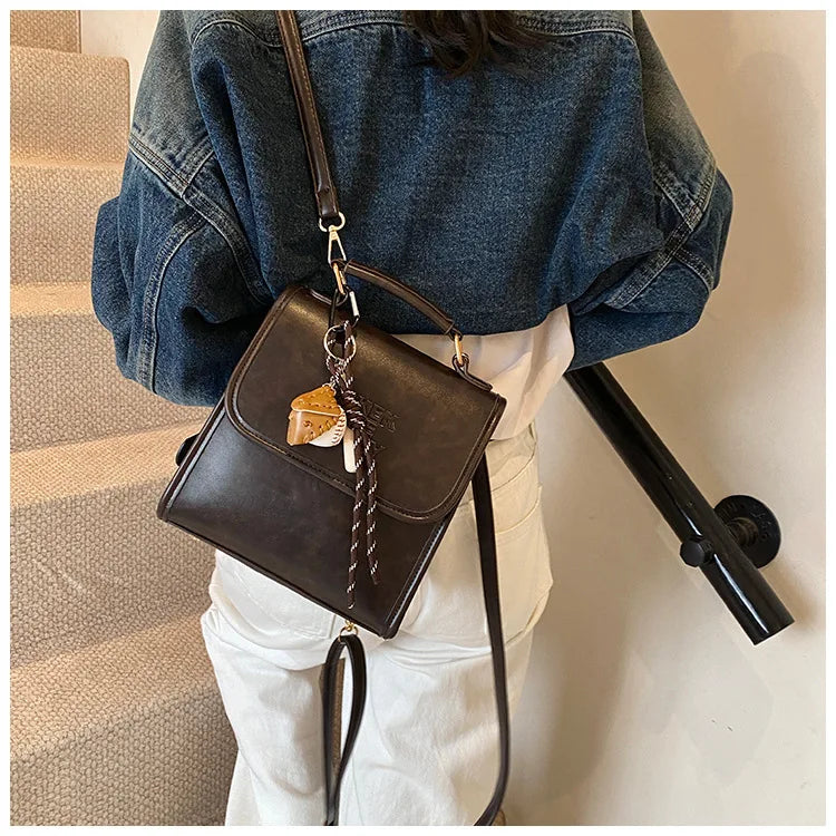 Casual Retro Large Capacity Women's Backpack Fashionable Versatile Stylish Satchel Crossbody Bag New Black City Simple Style PU