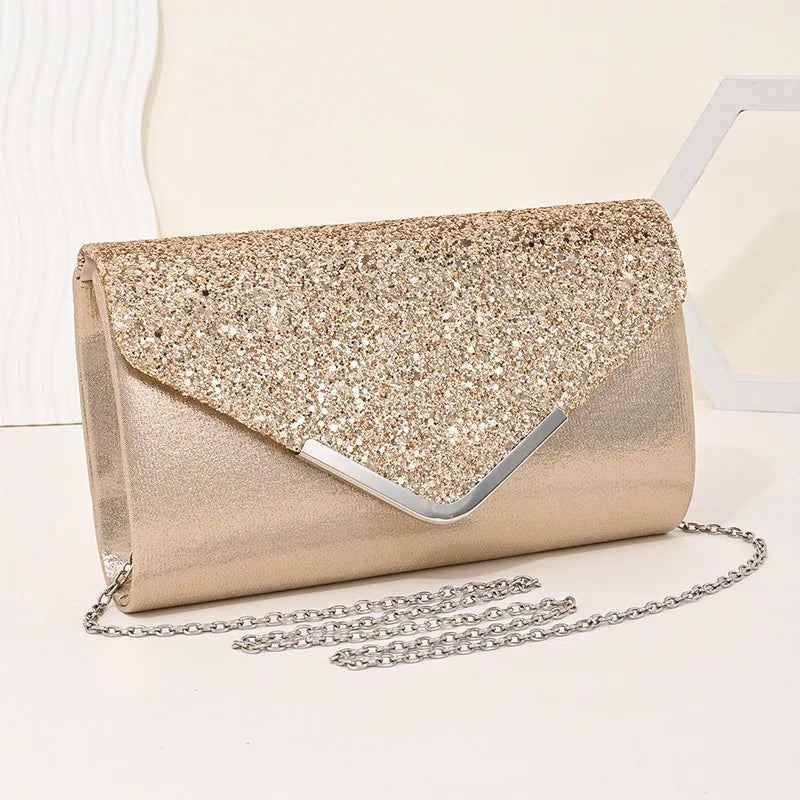Clutch Bags V Design Metal Chain Glitter Sequined Evening Bags with Envelope Party Wedding  Lady Handbags Banquet Messenger Bag