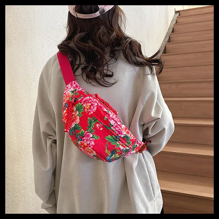 Women Fanny Bag Pack Large Flower Nylon Belt Bags Fashion Waist Pack Zipper Bag Adjustable Lightweight Multifunction Waterproof
