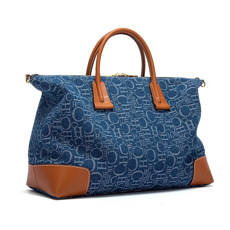 Geometric Letter Pattern Travel Totes – Sophisticated Blue Fabric  Leather Accents Metallic  for Urban Mobility Chic Versatility