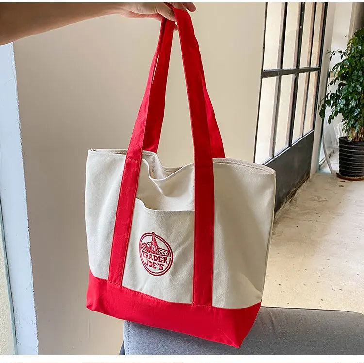 Tr Joe's Large Capaci op Bag Canvas Bag Embroidered Casual Handheld Single oulder Bag Contrast Color Trend Summer