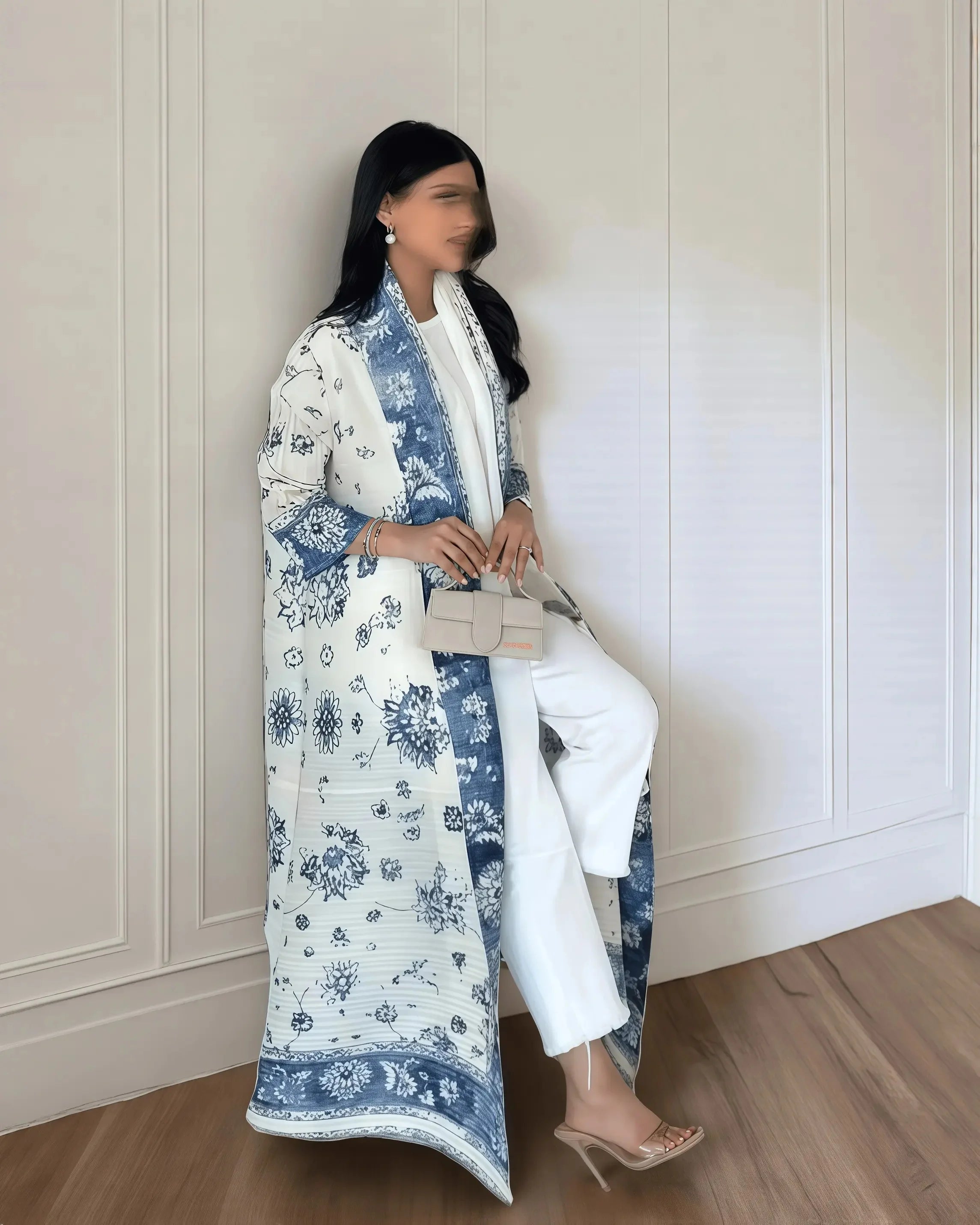 Autumn Women's Long Coat, Retro Printed Long Sleeved Muslim Abaya Saudi Fashion Wrinkled Waist Belt