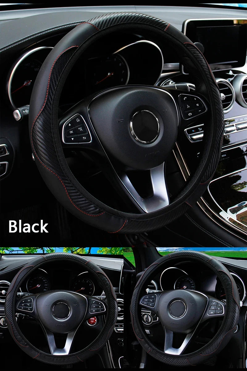 Car Steering Wheel Cover Breathable Anti Slip PU Leather Steering Covers Suitable 37-38.5cm Auto Decoration Carbon Fiber