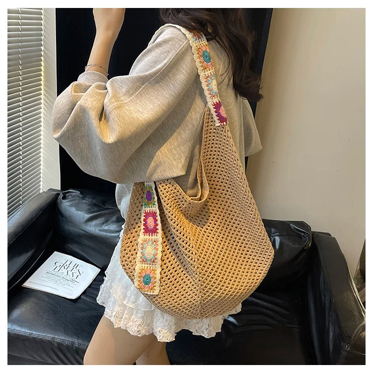 2025 Summer New – Bohemian Fresh Hollow Woven Tote Bag – Large Capacity Single-shoulder for Leisure & Vacation