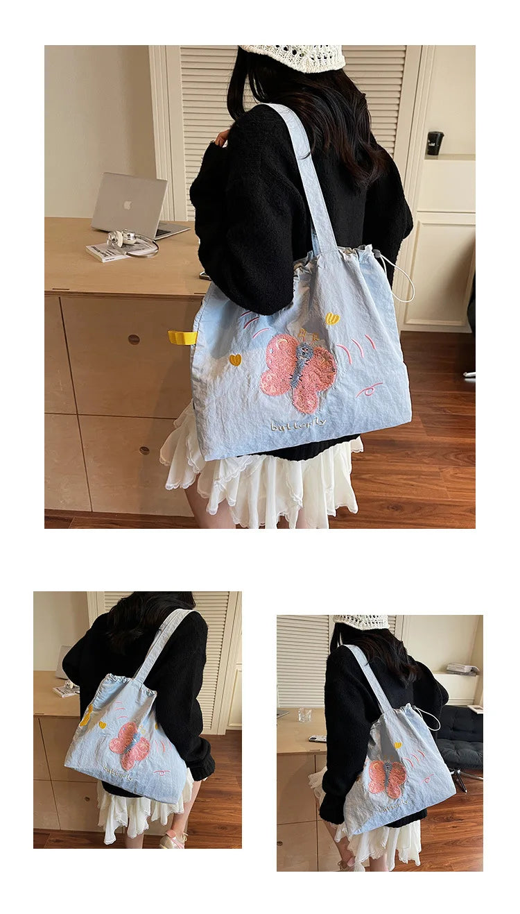 Leisure Large Capacity Single Shoulder Bag Trendy Embroidered Nylon Tote Bag School Style Sweet Handle Bag