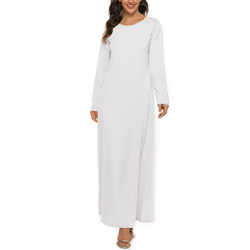 Women's Muslim Worshipwear Basic Long sleeved Laydown Round Neck Dress Middle Eastern Solid Color Robe