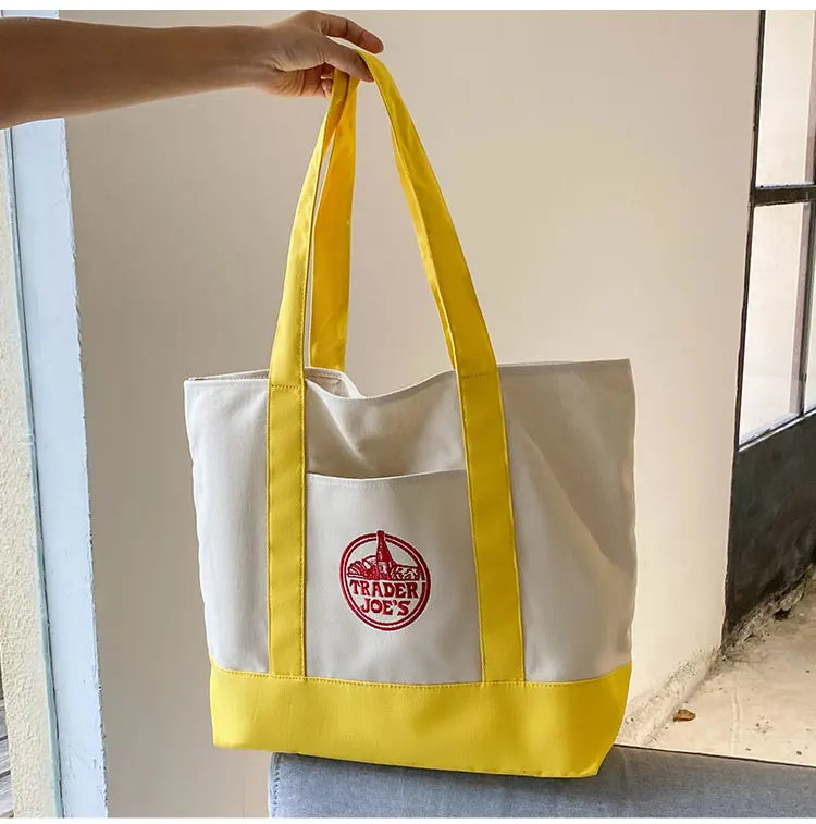 Tr Joe's Large Capaci op Bag Canvas Bag Embroidered Casual Handheld Single oulder Bag Contrast Color Trend Summer