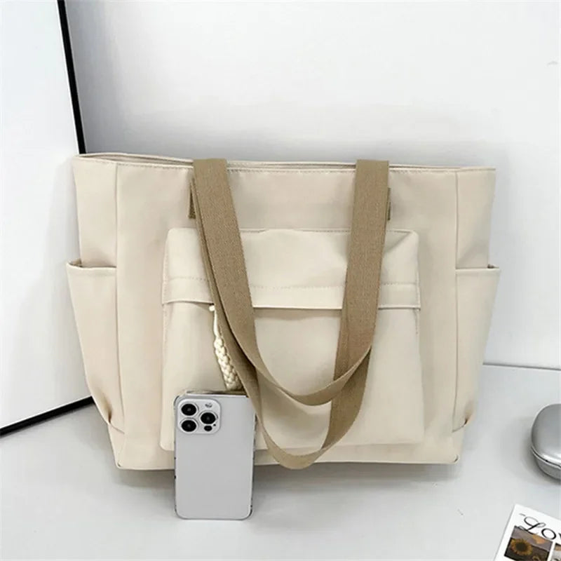 Nylon Tote Bag with Multiple Pocket Lightweight Foldable Design for Office Commute Shopping Fitness Storage Handbag Shoulder Bag