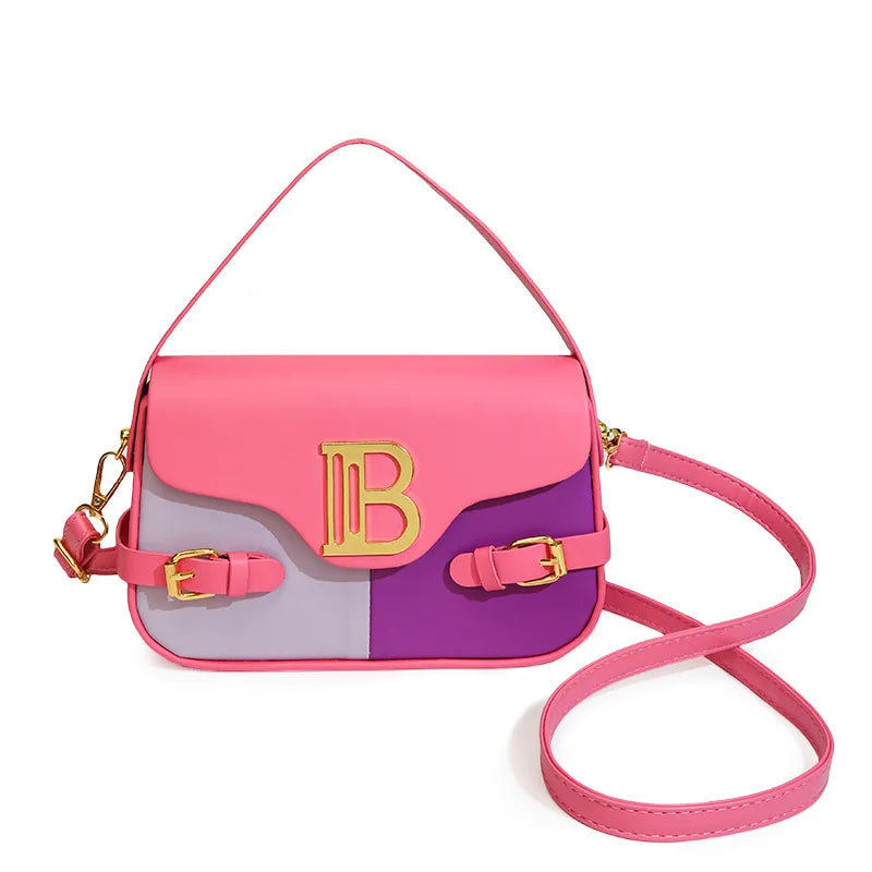 Luxury women's crossbody bag with color-blocking and stitching, box-style multi-color textured light luxury commuter bag.