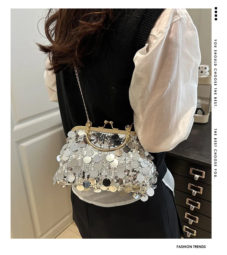Elegant Sequined Evening Shoulder Bags for Women Solid Color Ladies Clip Chain Crossbody Bag Casual Female Shell Handbags Purse