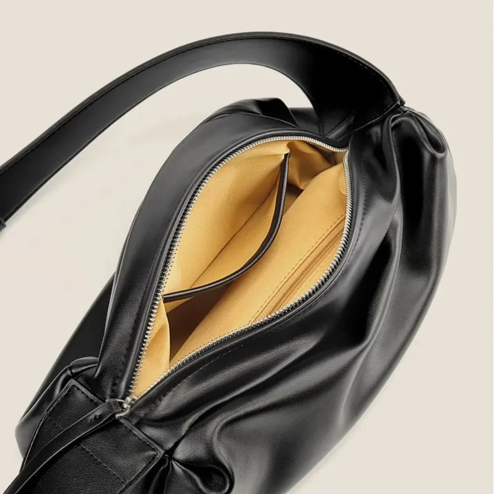 Luxury Casual Crossbody Bags Ruched Designer Wide Strap Shoulder Bag Large Capacity Pu Leather Half Moon Shape Messenger Bag