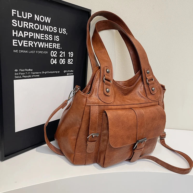 Women Tote Bag Fashion Underarm Pouch Large Capacity Soft Pu Leather Shoulder Bag Retro Crossbody Bag Casual Portable BucketBags