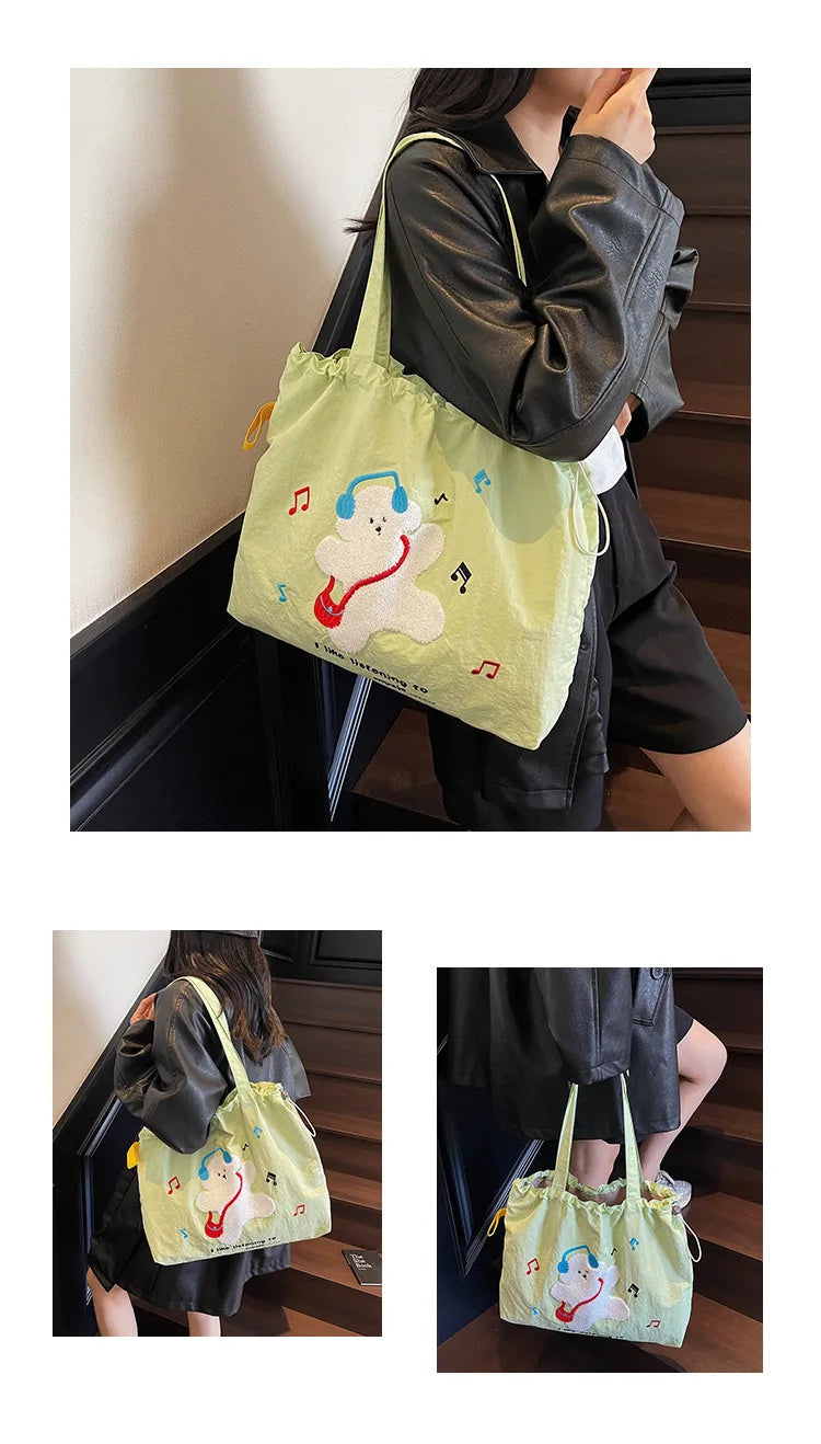 Leisure Large Capacity Single Shoulder Bag Trendy Embroidered Nylon Tote Bag School Style Sweet Handle Bag